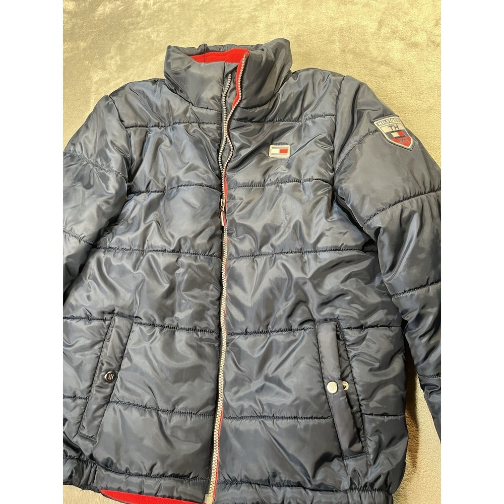 Tommy Hilfiger Boy's Puffer Jacket Size L 14/16 Navy Blue Red Hoodie Coat